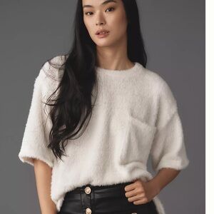 BY‎ ANTHROPOLOGIE SHORT-SLEEVE OVERSIZED WHITE KNIT TOP WINTER QUIET LUXURY EUC